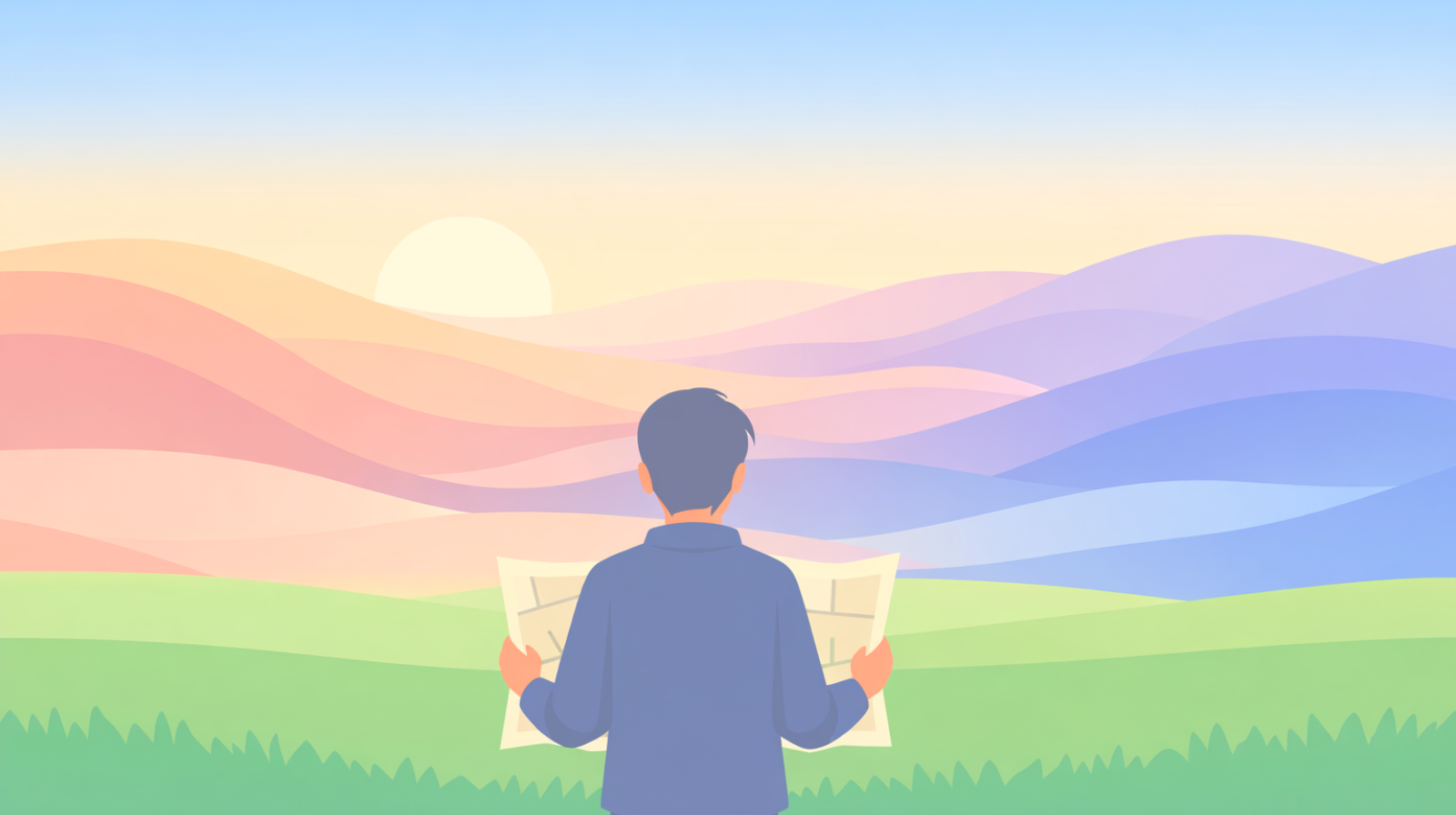 Illustration of a person holding a map facing a pastel landscape, symbolizing the guidance needed for navigating a psychedelic therapy journey and integration process with Beckley Retreats.