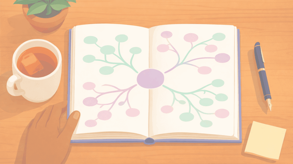 Open journal featuring a colorful mind map for organizing psychedelic integration insights, set on a desk with tea, illustrating structured reflection techniques for the Beckley Retreats blog.