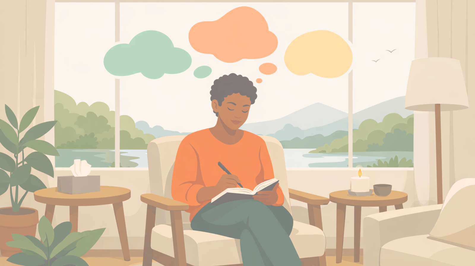 oman journaling for psychedelic integration, utilizing reflection and abstract thought bubbles to process therapy insights and support her mental health journey with Beckley Retreats.