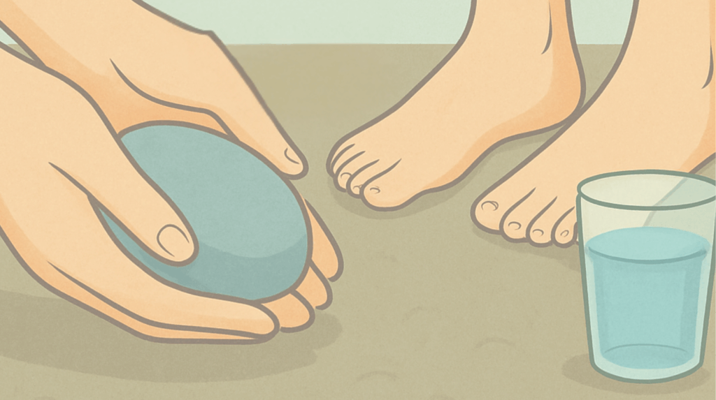 Close-up illustration of hands holding a smooth stone near bare feet and water, depicting sensory grounding techniques used to navigate difficult emotions or flashbacks during ketamine therapy at Beckley Retreats.