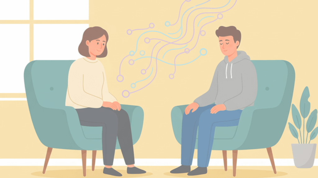 Illustration of a psychedelic therapy integration session, showing a therapist supporting a participant through post-retreat blues with abstract connection lines for the Beckley Retreats blog.