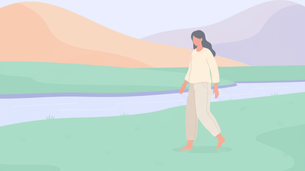 Illustration of a woman walking in nature to process post-retreat blues, symbolizing grounding and integration after psychedelic therapy for the Beckley Retreats blog.