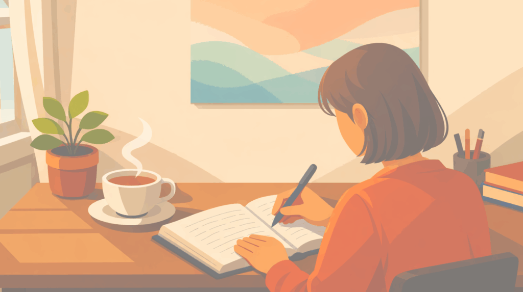 Illustration of a woman journaling to support integration and process post-retreat blues, highlighting self-reflection practices after psychedelic therapy for the Beckley Retreats blog.