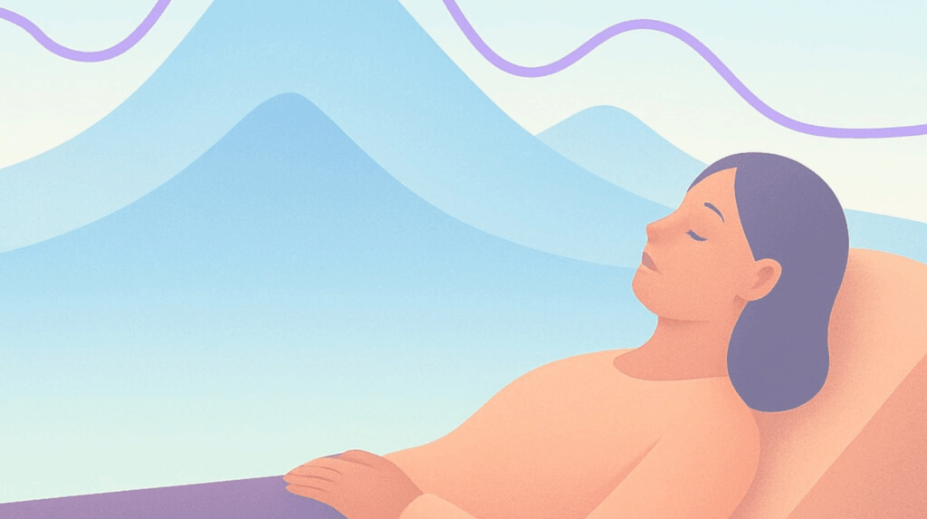 Illustration of a woman resting during a Beckley Retreats psychedelic therapy session, with abstract mountains symbolizing the deep inner journey and emotional breakthrough experienced in psilocybin retreats.
