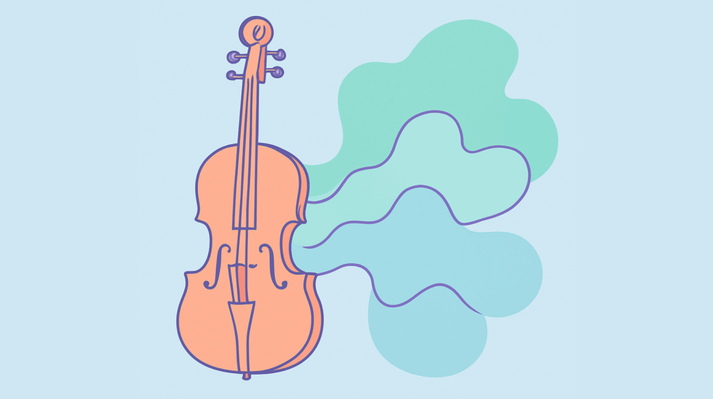 Illustration of a string instrument releasing calming abstract waves, representing the therapeutic music curated for Beckley Retreats psychedelic therapy sessions to guide emotional healing and inner journeys.