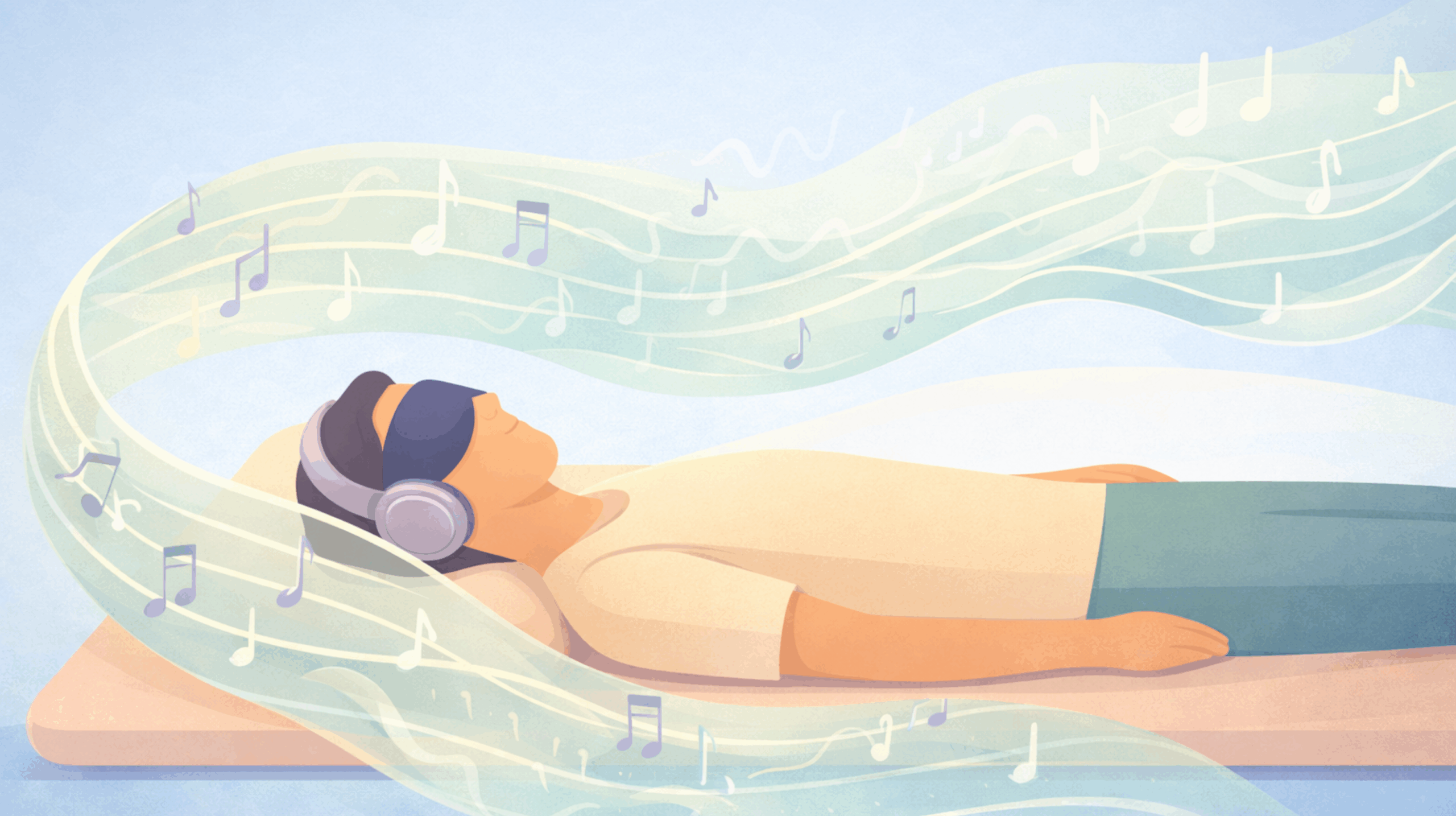 Illustration of a participant in a Beckley Retreats psychedelic therapy session, wearing an eye mask and headphones, visualizing music as a guide for their inner psilocybin journey.