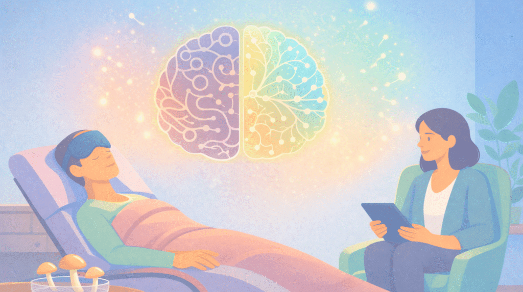 Beckley Retreats psilocybin mushroom psychedelic therapy: eyemasked man rests blissfully with radiant multicolored brain neurons and mushroom, therapist holds tablet nearby.